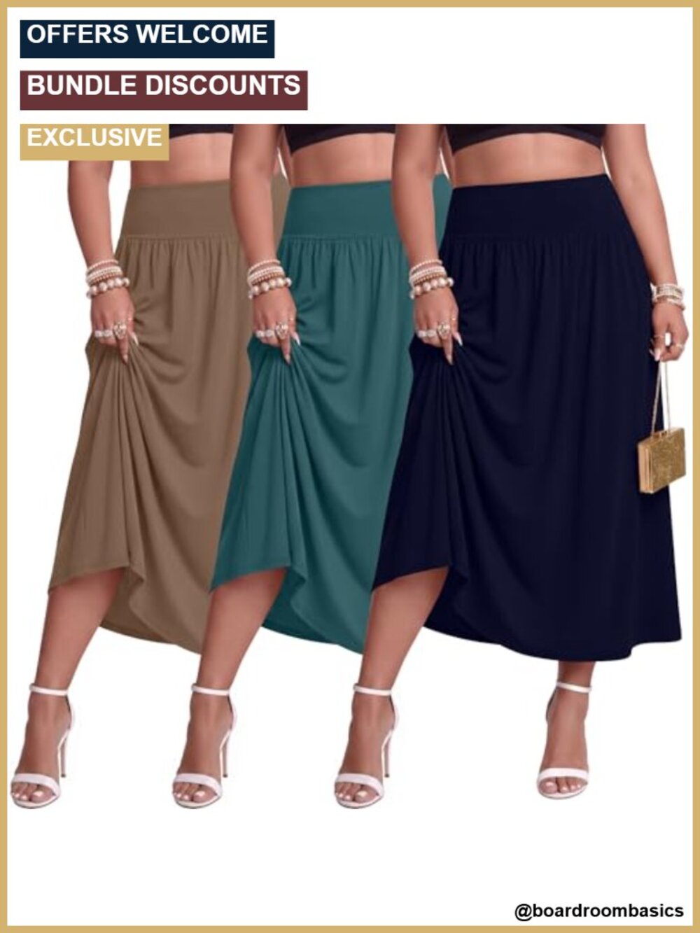Plus Size A-Line Maxi Skirt 3 Pack with Pockets High Rise Casual Flowy